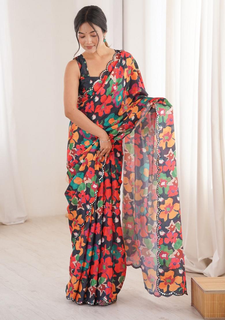 Multicolor Printed Chinon Saree Set - Indya