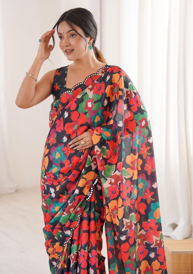 Multicolor Printed Chinon Saree Set - Indya