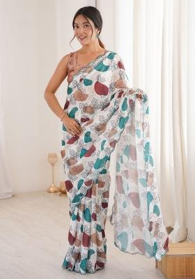 Multicolor Printed Chinon Saree Set