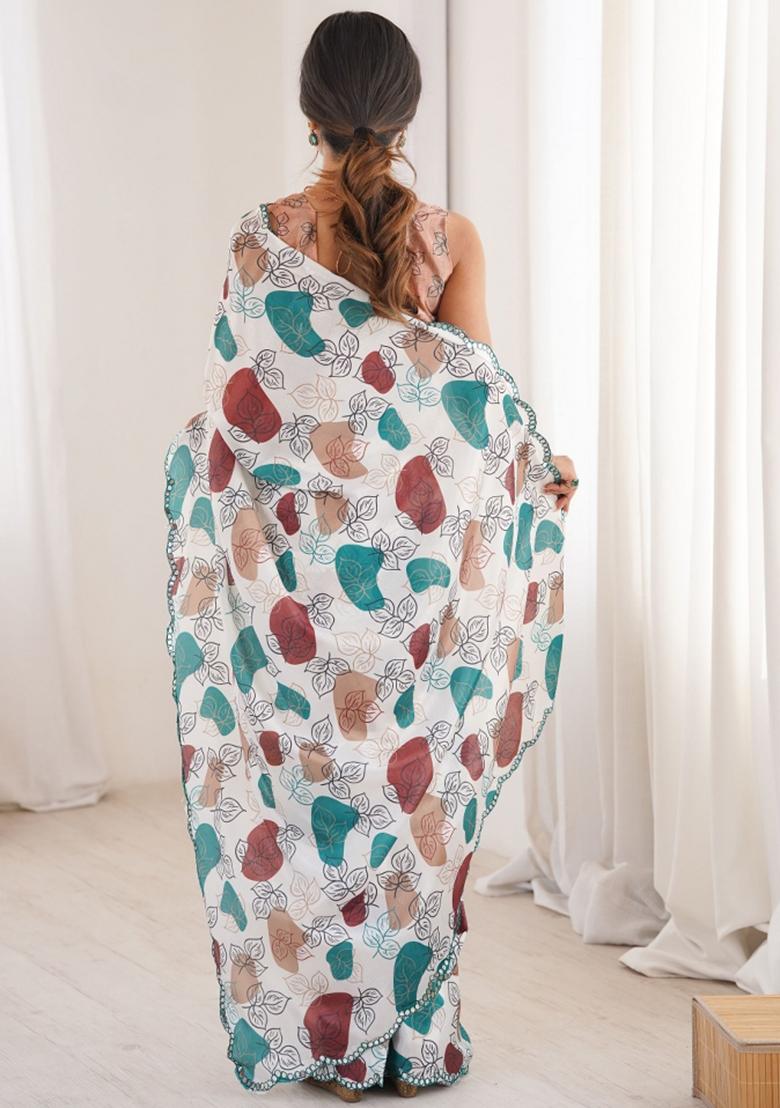 Multicolor Printed Chinon Saree Set - Indya