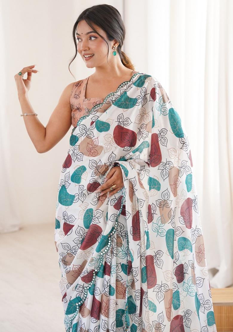 Multicolor Printed Chinon Saree Set - Indya