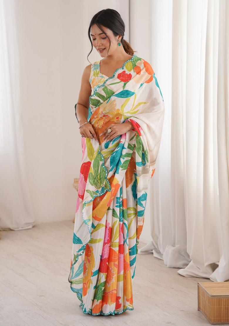 Multicolor Printed Chinon Saree Set - Indya