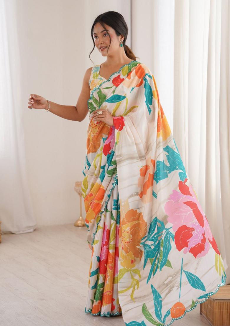 Multicolor Printed Chinon Saree Set - Indya
