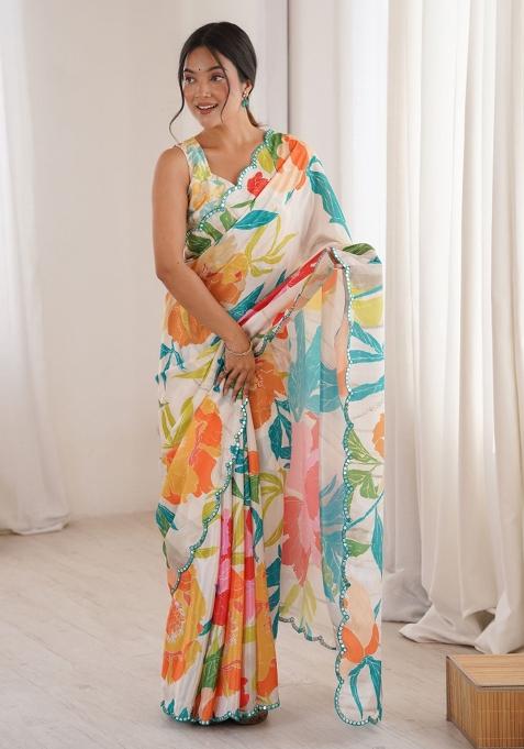 Multicolor Printed Chinon Saree Set — view on Indya
