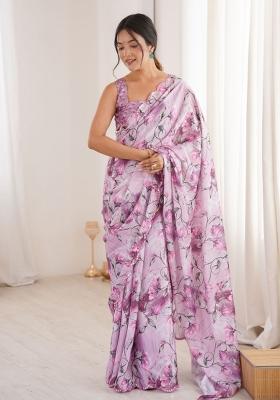 Purple Printed Chinon Saree Set