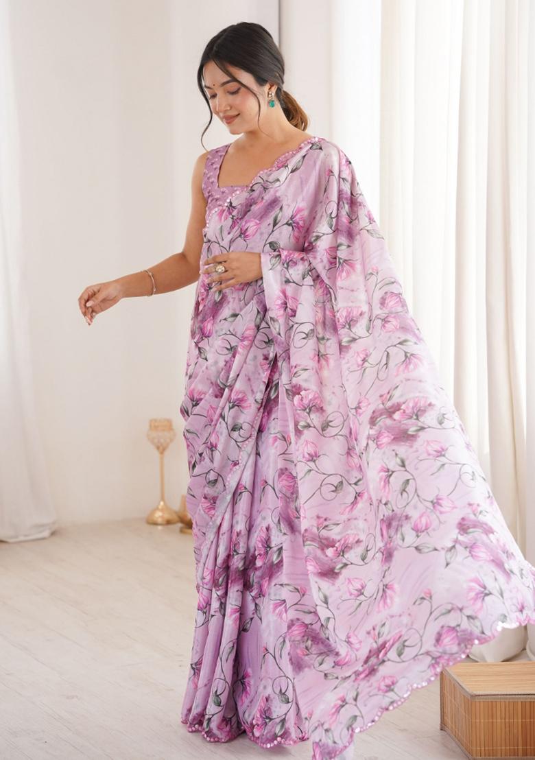 Purple Printed Chinon Saree Set - Indya