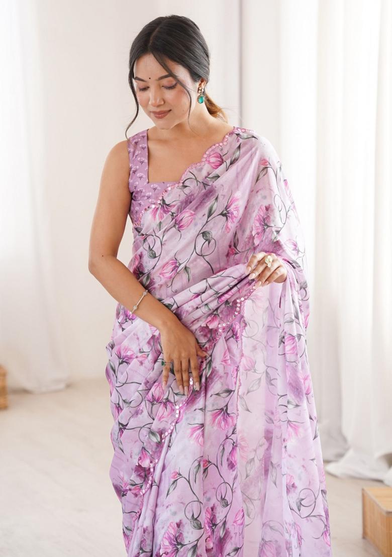 Purple Printed Chinon Saree Set - Indya