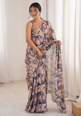 Multicolor Printed Chinon Saree Set