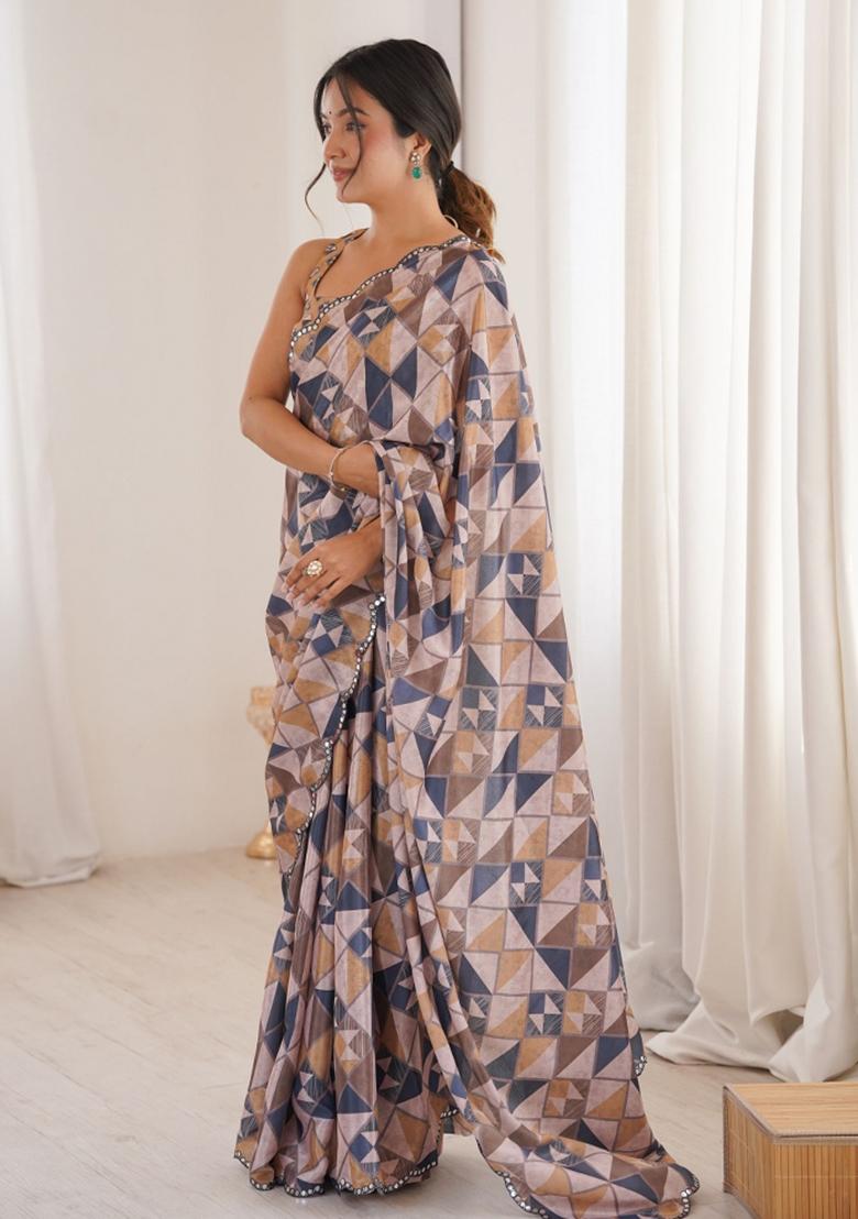 Multicolor Printed Chinon Saree Set - Indya