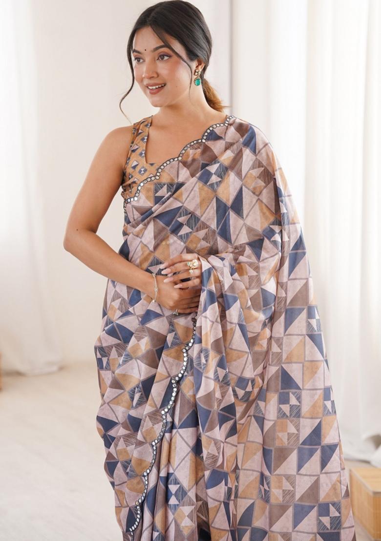 Multicolor Printed Chinon Saree Set - Indya