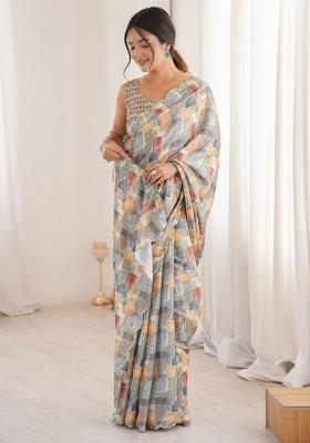 Multicolor Printed Chinon Saree Set
