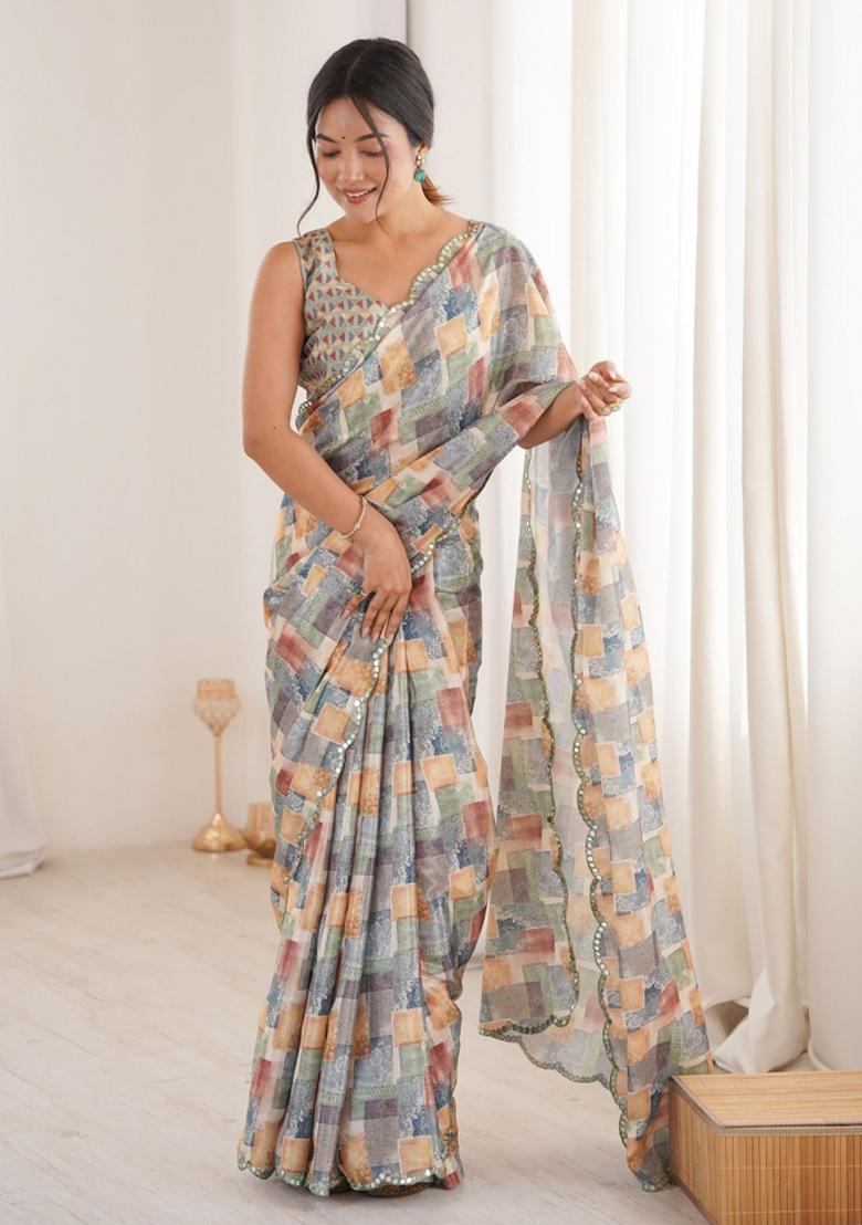 Multicolor Printed Chinon Saree Set - Indya