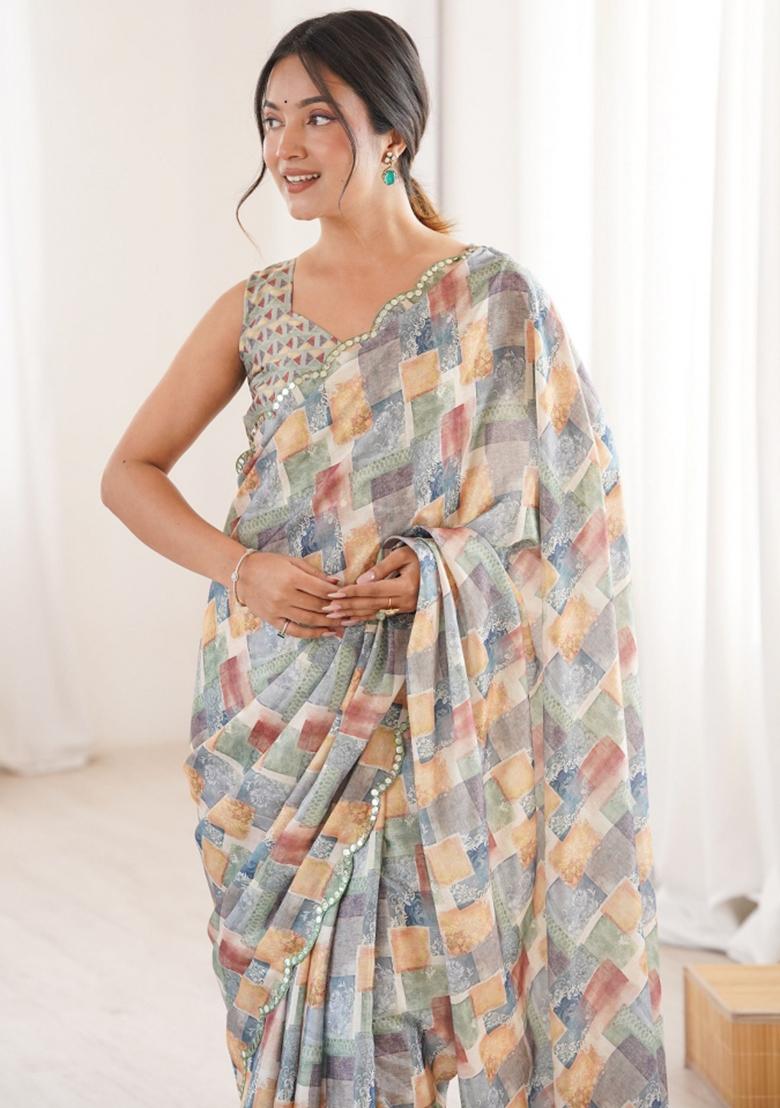 Multicolor Printed Chinon Saree Set - Indya
