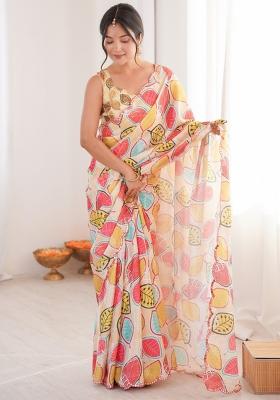 Off White Printed Chinon Saree Set