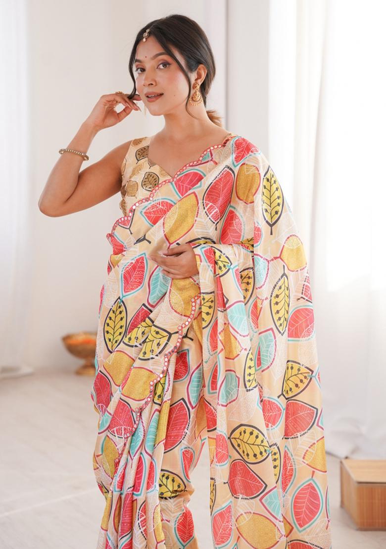 Off White Printed Chinon Saree Set - Indya