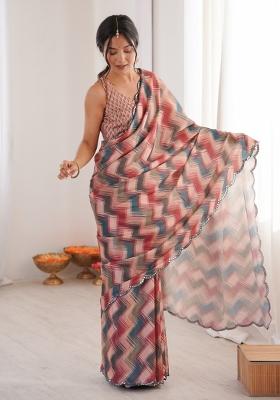 Multicolor Printed Chinon Saree Set