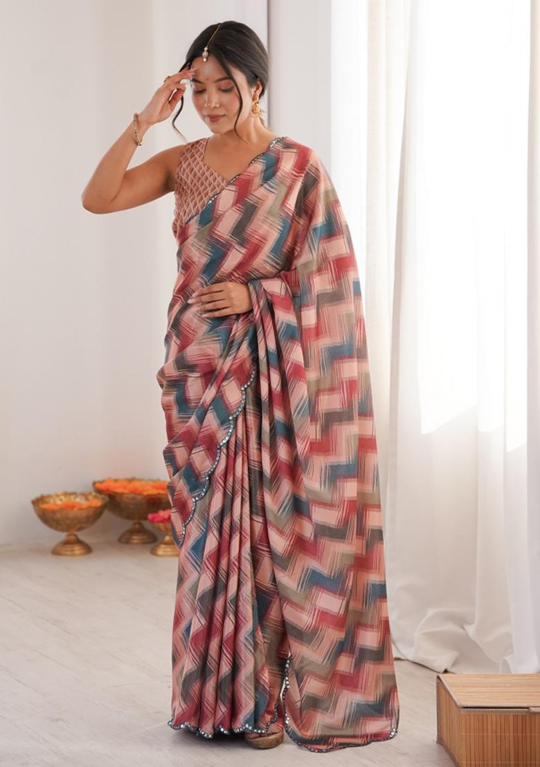 Multicolor Printed Chinon Saree Set - Indya