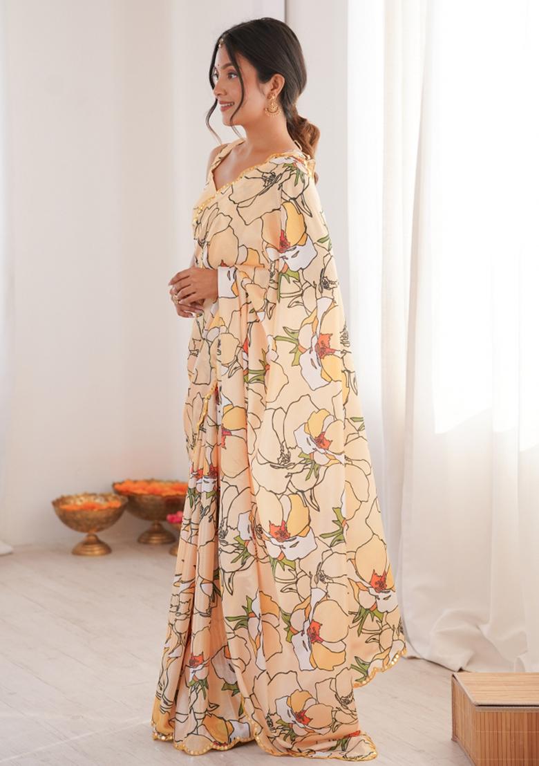 Peach Printed Chinon Saree Set - Indya