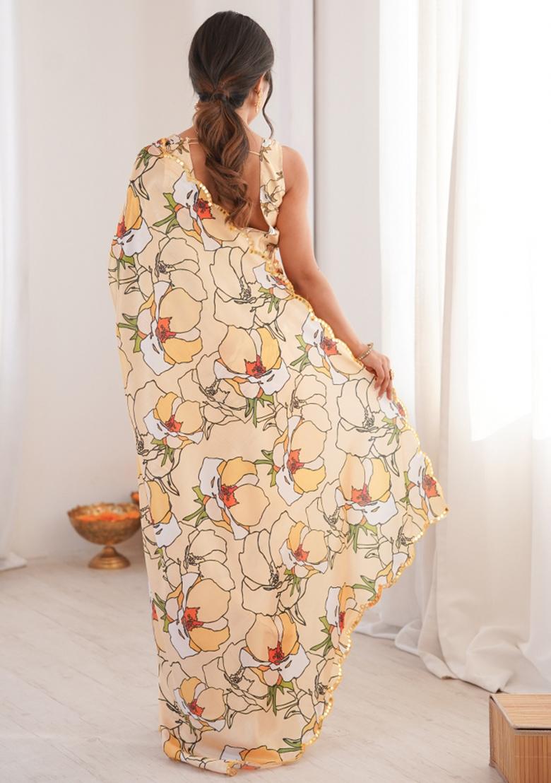 Peach Printed Chinon Saree Set - Indya