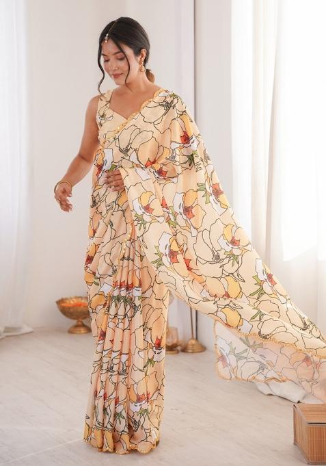 Peach Printed Chinon Saree Set