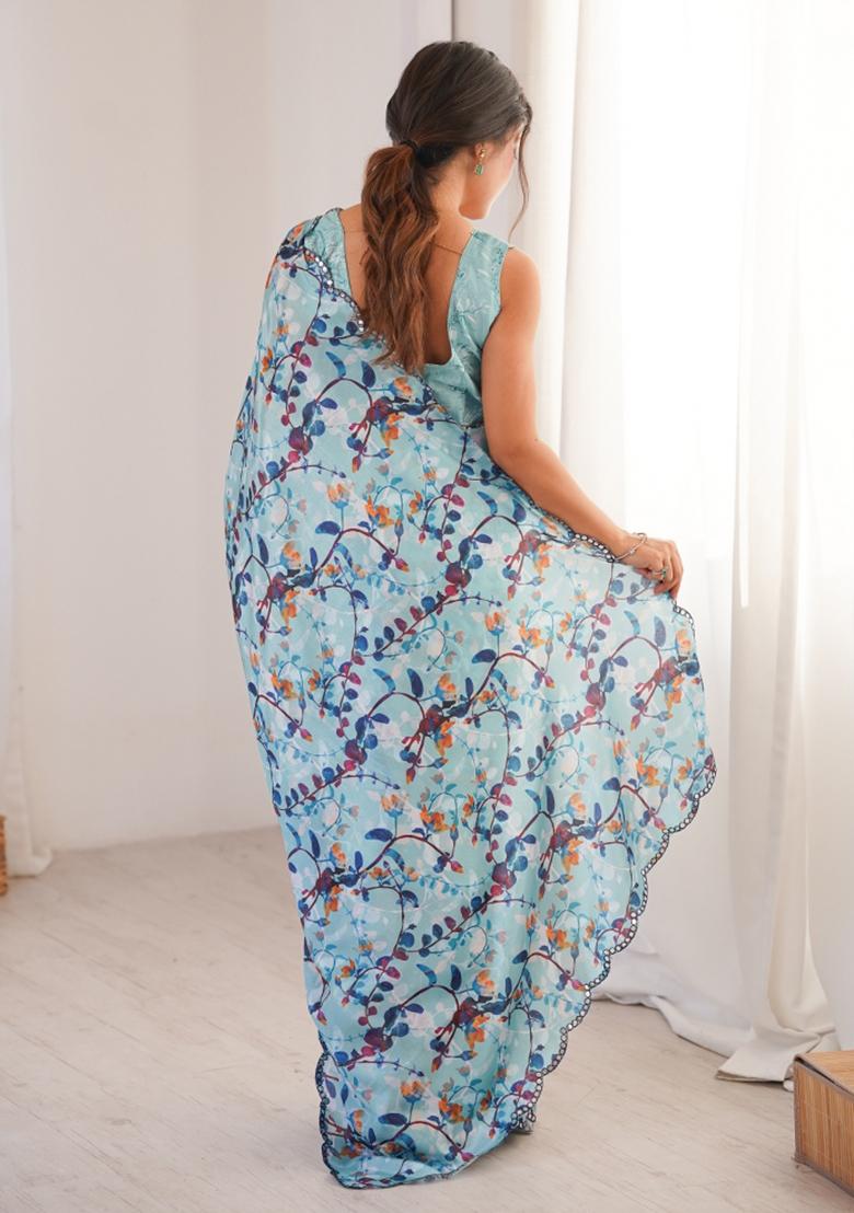 Blue Printed Chinon Saree Set - Indya