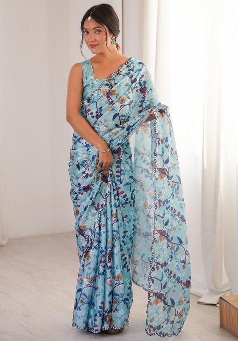 Blue Printed Chinon Saree Set — view on Indya
