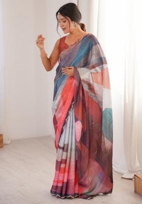 Multicolor Printed Chinon Saree Set