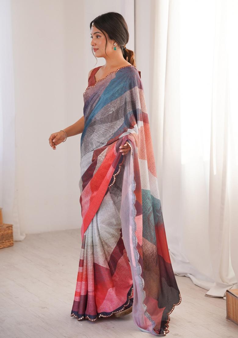 Multicolor Printed Chinon Saree Set - Indya