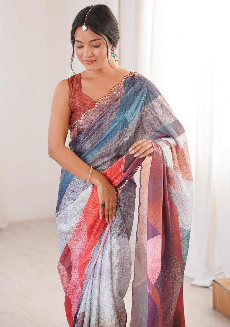 Multicolor Printed Chinon Saree Set - Indya
