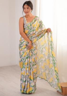 Off White Printed Chinon Saree Set