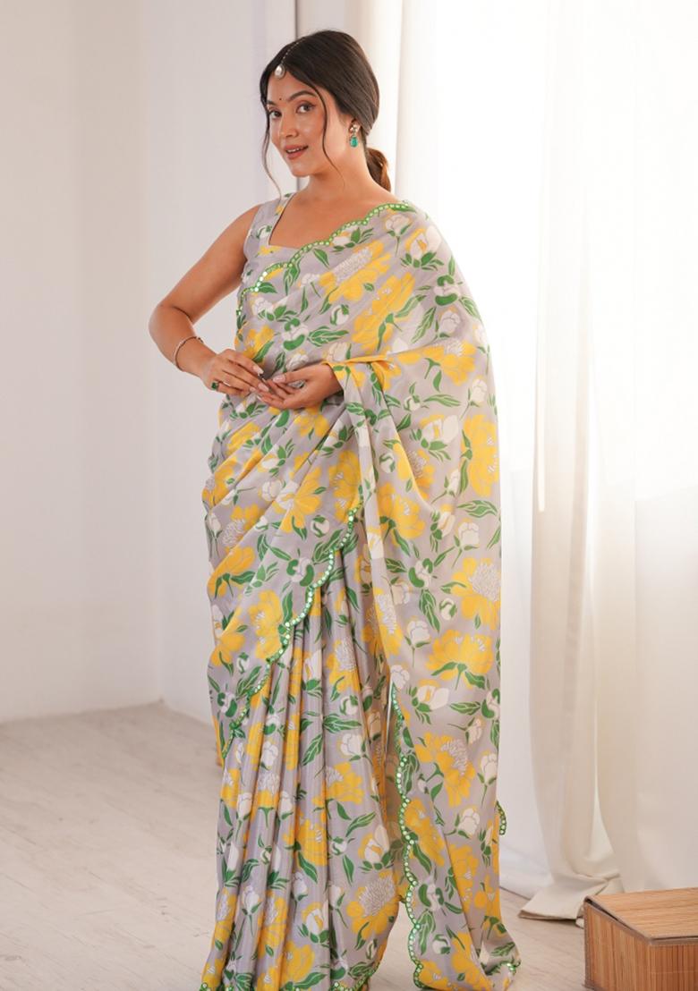 Off White Printed Chinon Saree Set - Indya