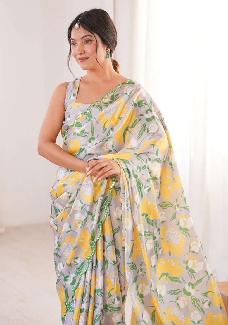 Off White Printed Chinon Saree Set - Indya
