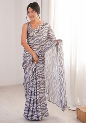 Grey Printed Chinon Saree Set