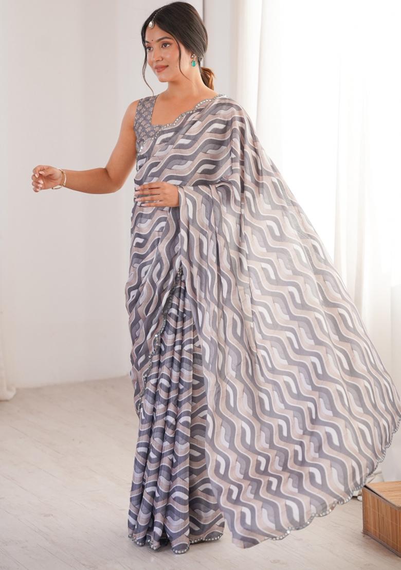 Grey Printed Chinon Saree Set - Indya