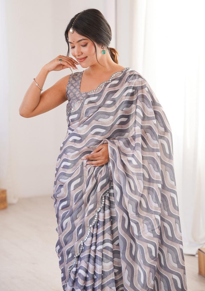 Grey Printed Chinon Saree Set - Indya