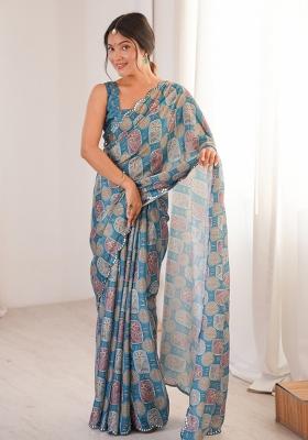 Blue Printed Chinon Saree Set
