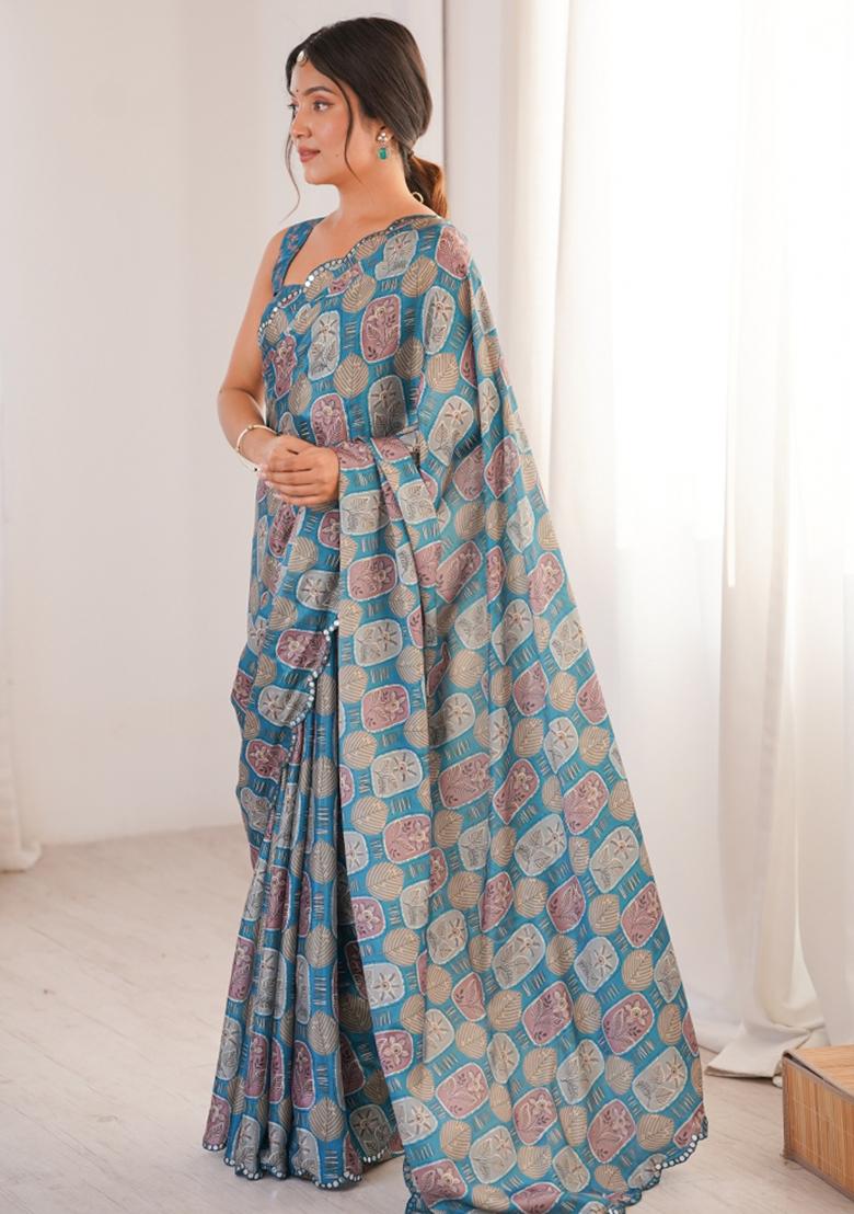 Blue Printed Chinon Saree Set - Indya