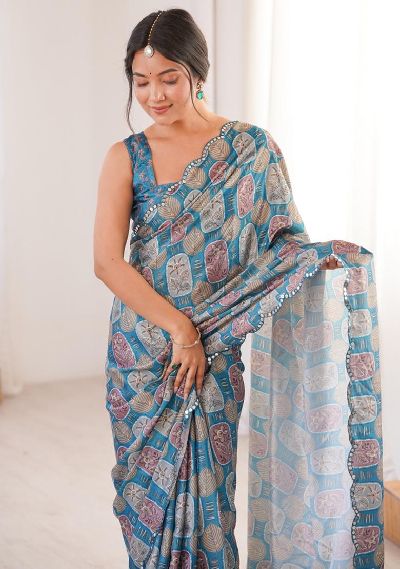Blue Printed Chinon Saree Set - Indya