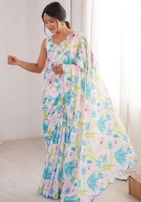 White Printed Chinon Saree Set