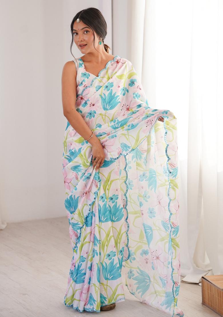 White Printed Chinon Saree Set - Indya
