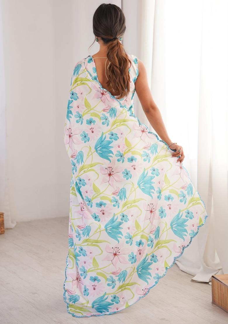 White Printed Chinon Saree Set - Indya