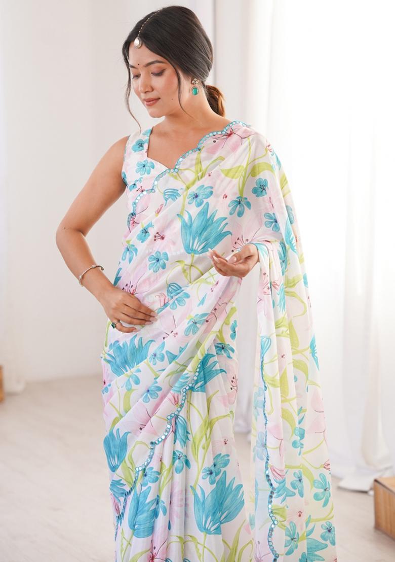 White Printed Chinon Saree Set - Indya