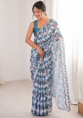 Multicolor Printed Chinon Saree Set