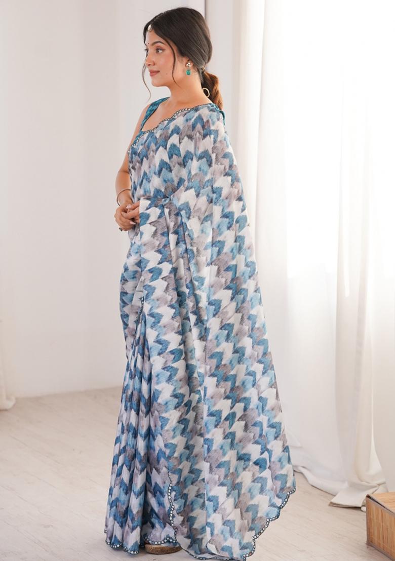 Multicolor Printed Chinon Saree Set - Indya
