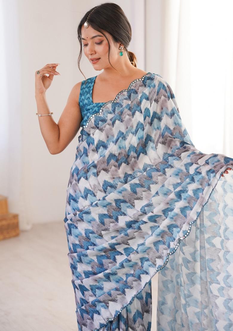 Multicolor Printed Chinon Saree Set - Indya