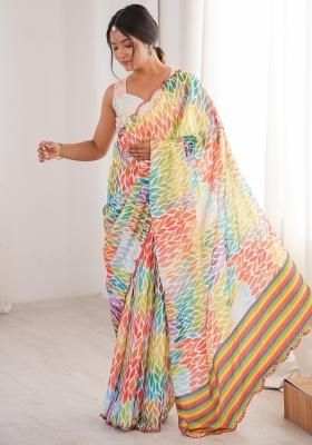 Multicolor Printed Chinon Saree Set