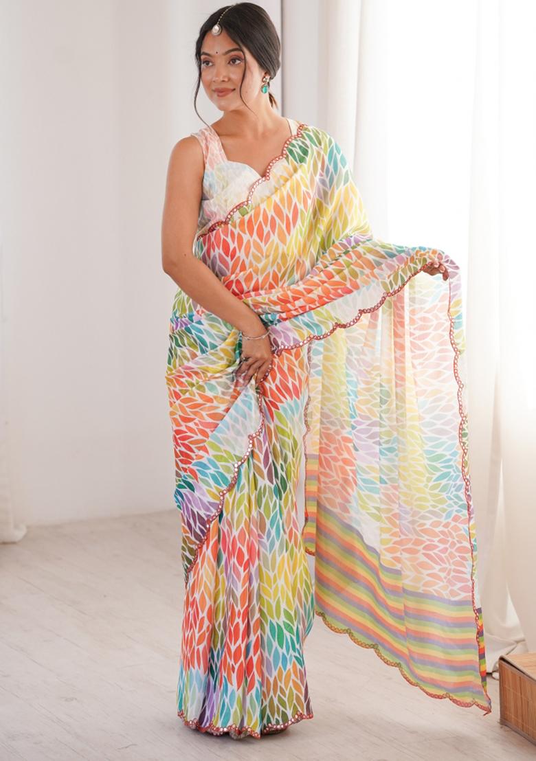 Multicolor Printed Chinon Saree Set - Indya