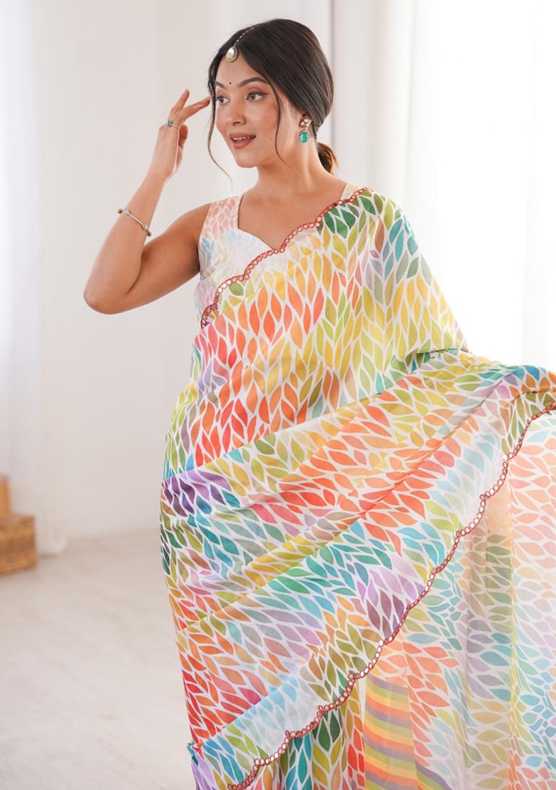 Multicolor Printed Chinon Saree Set - Indya