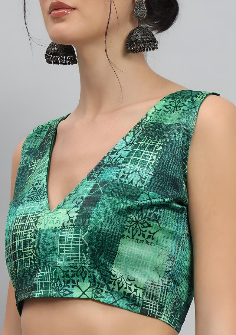 Parrot Green Printed Chinon Saree Set - Indya