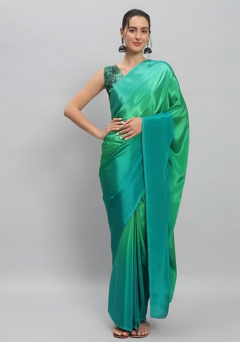 Parrot Green Printed Chinon Saree Set